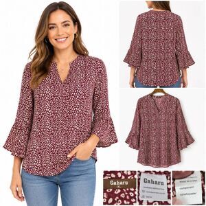Gaharu Women’s XL Burgundy Printed Bell Sleeve Blouse